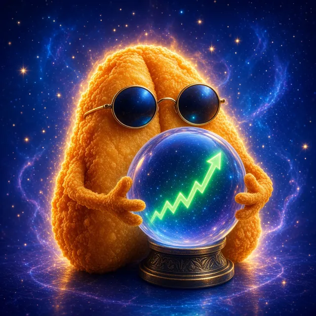 A sunglasses-wearing nugget oracle holding a crystal ball with a green up arrow