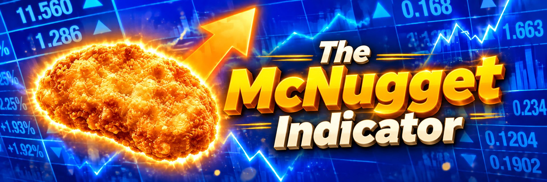 The McNugget Indicator banner: glowing golden nugget and orange up arrow beside the wordmark on a blue stock board